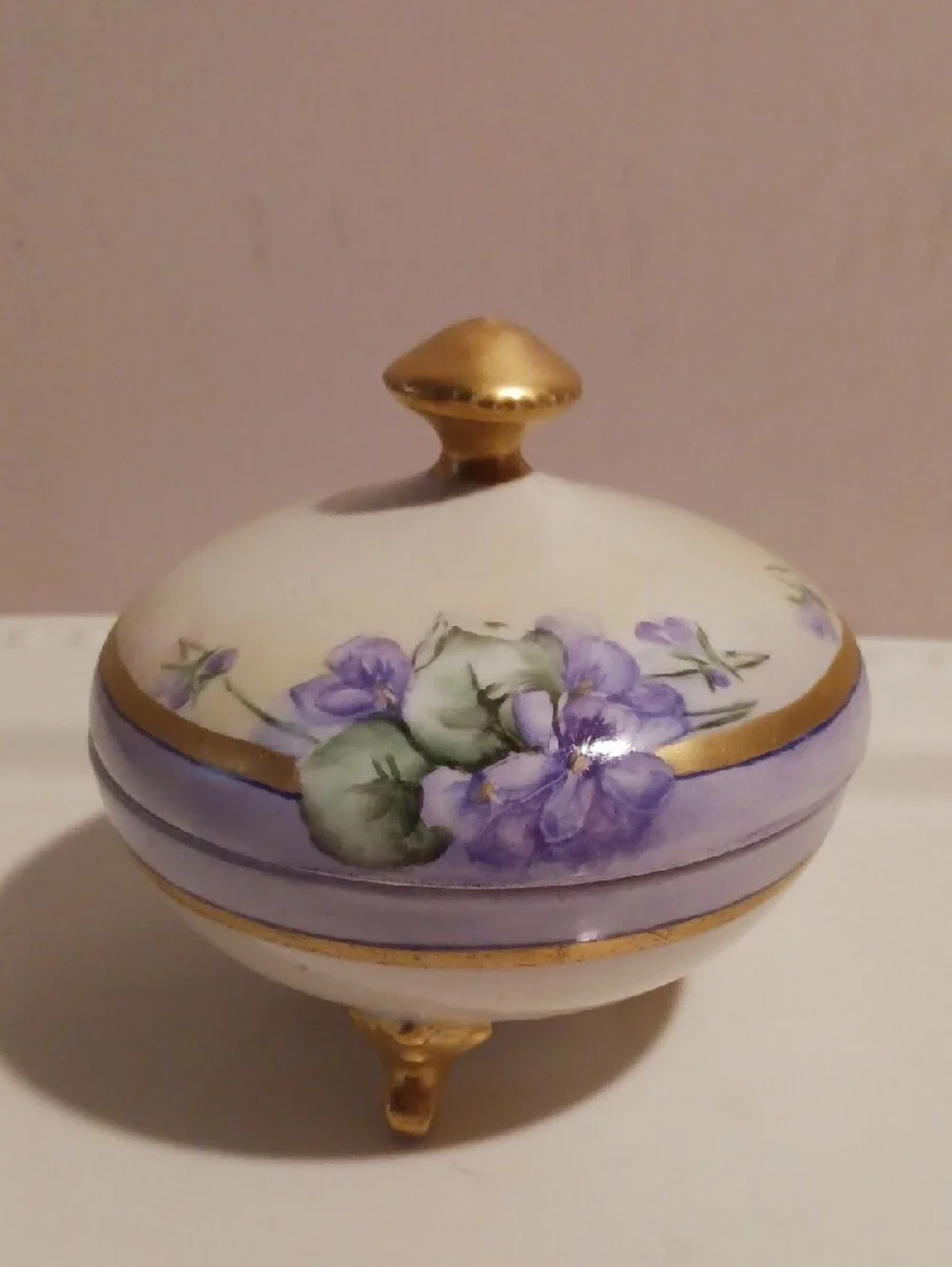 Limoges White Porcelain Violet Flower Design Trinket Box with Gold Trim &  Feet